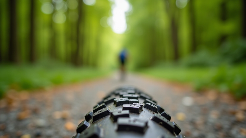 Mountain bike tires on gravel path, close-up view showing trail texture and forest surroundings, natural outdoor setting