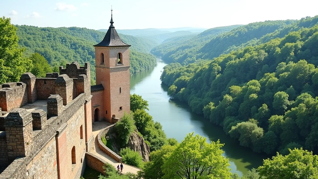 Castle ruins overlooking river confluence with white water visible, green landscape, sunny day, elevated perspective