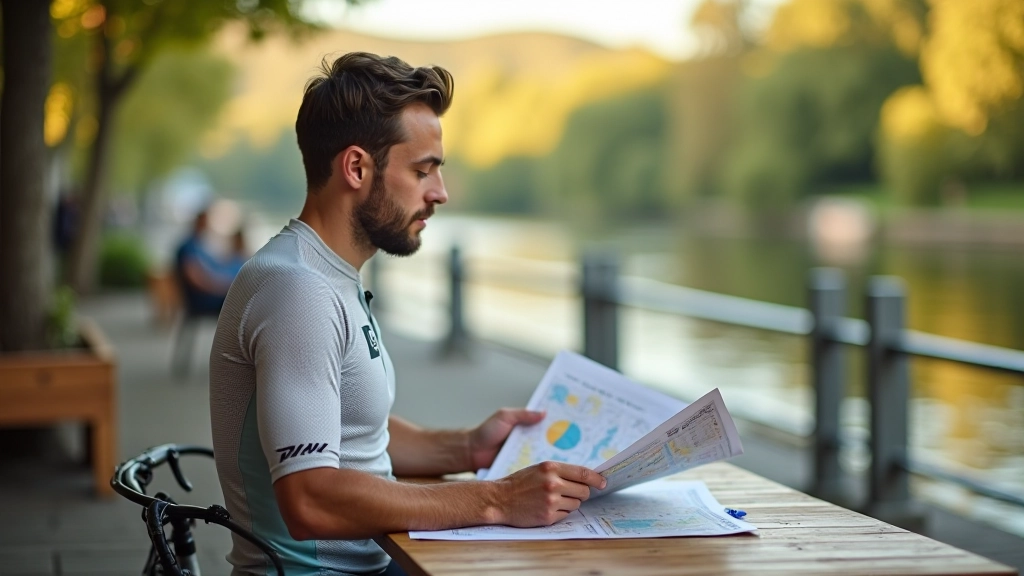Cyclist studying detailed Czech river route maps spread across a wooden table at a riverside café