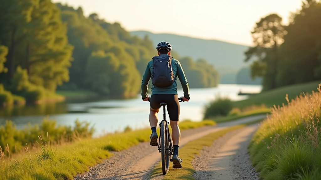Cyclist pausing on rural path alongside Morava river, looking out at water and forest landscape, peaceful morning light