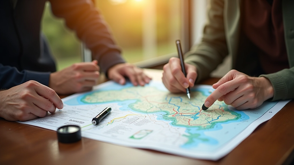 Cyclist planning route on detailed map of Czech river trails with compass and cycling accessories