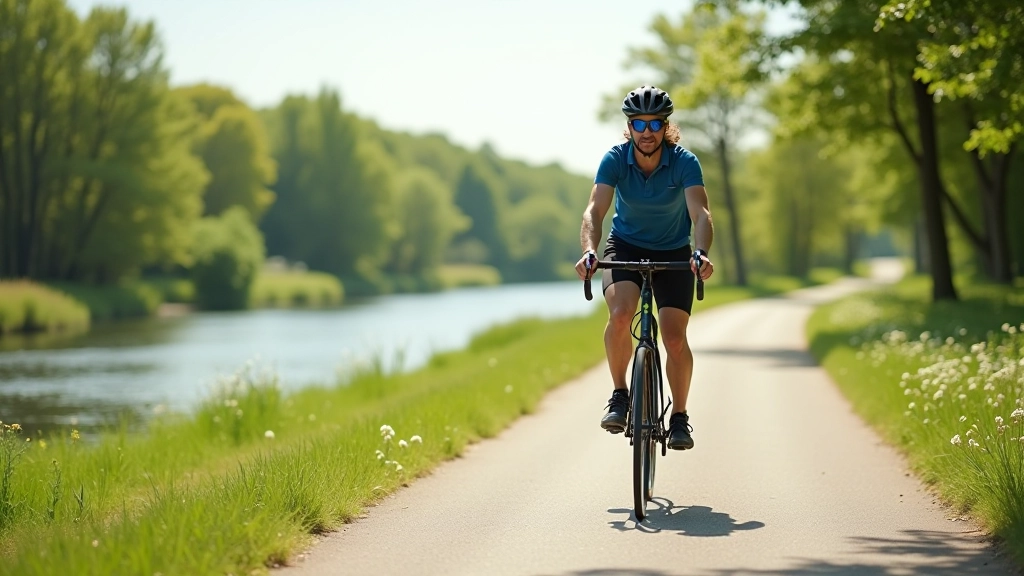 Cyclist riding on scenic riverside path with river visible on left side, green vegetation, clear day