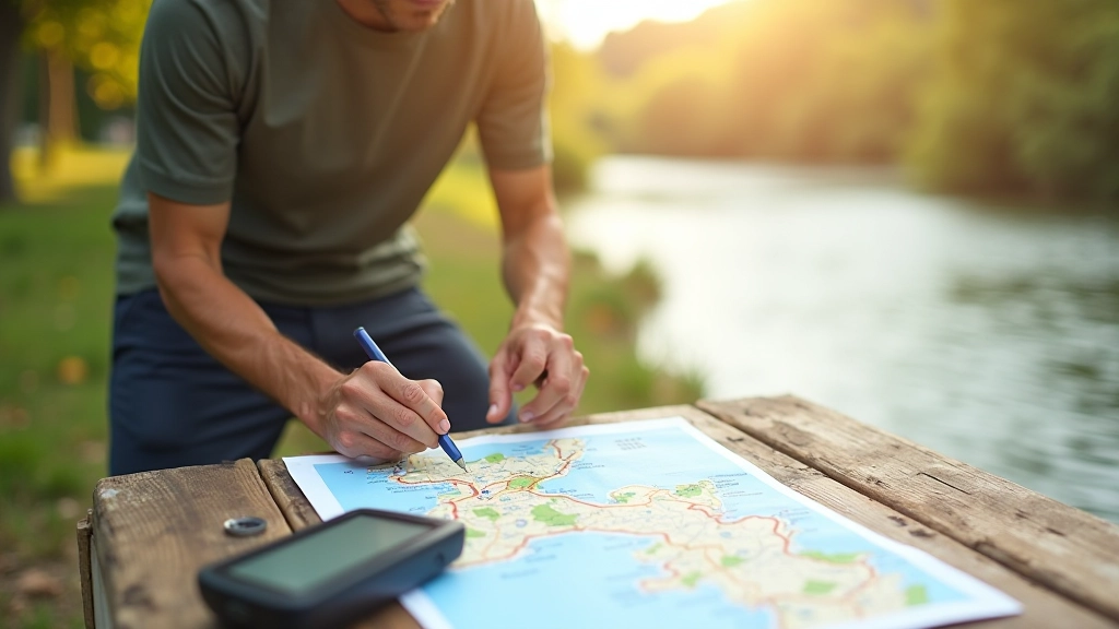 Cyclist reviewing detailed route planning materials and maps for waterway cycling preparation