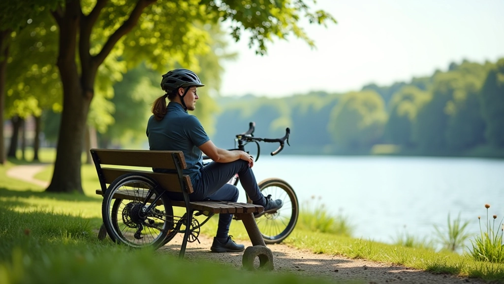 Cyclist resting at riverside rest area with supplies, scenic water view, relaxed pose, natural lighting, outdoor picnic area