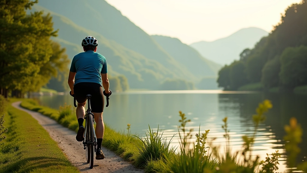Cyclist riding along peaceful Elbe riverbank with green hills and trees reflecting in calm water, morning light