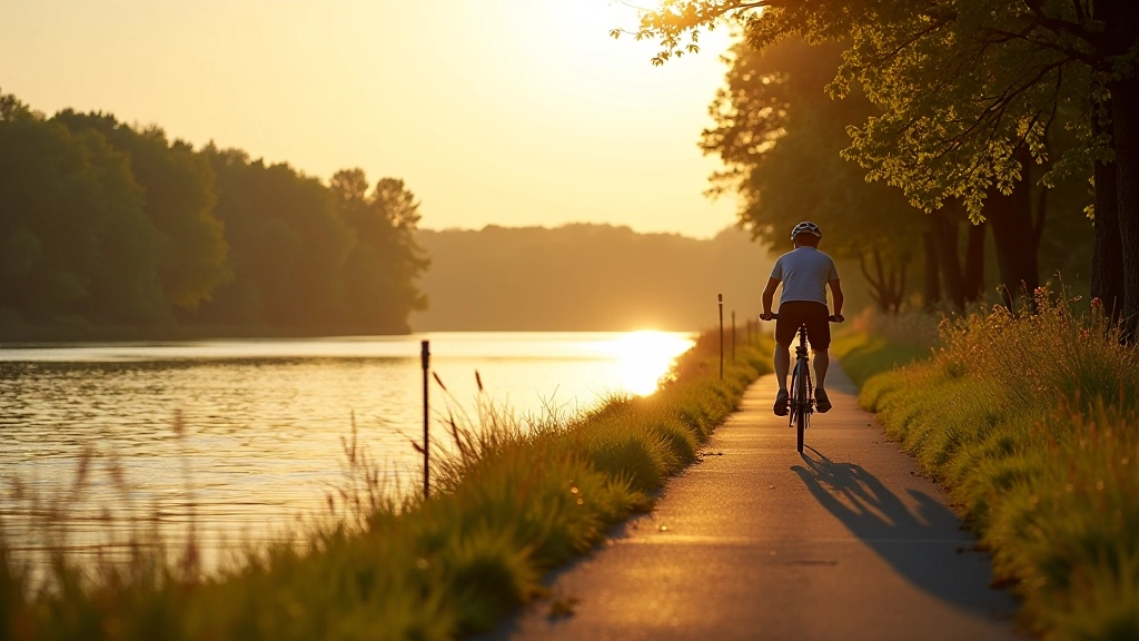 Cyclist riding along a scenic river path in Czech Republic