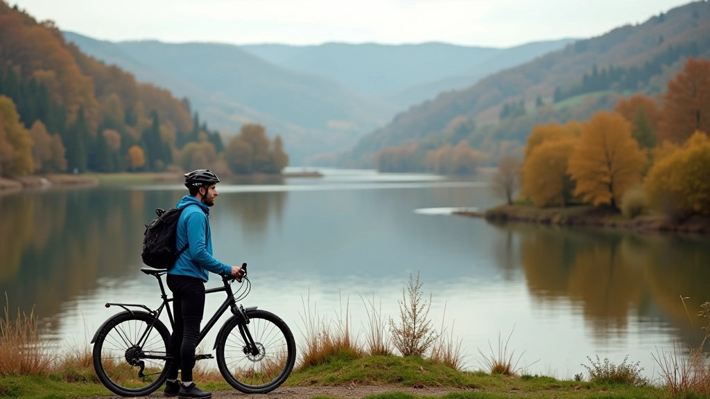 Solo cyclist exploring Czech river landscape with scenic waterway and natural countryside backdrop