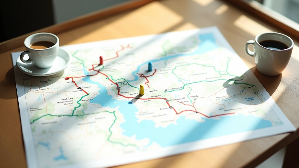 Printed cycling route map with highlighted stops, marked rest points, and public transportation stations circled in different colors