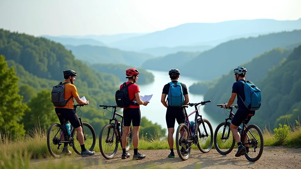 Cyclists gathered at a scenic riverside viewpoint discussing routes