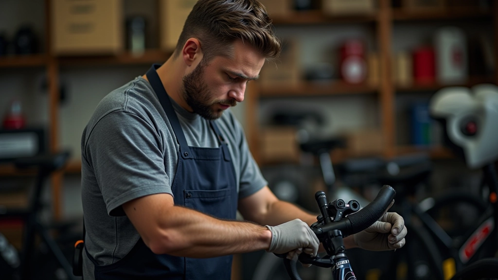 Cyclist performing pre-ride bike check, examining tires, brakes, and chain with tools laid out on maintenance stand