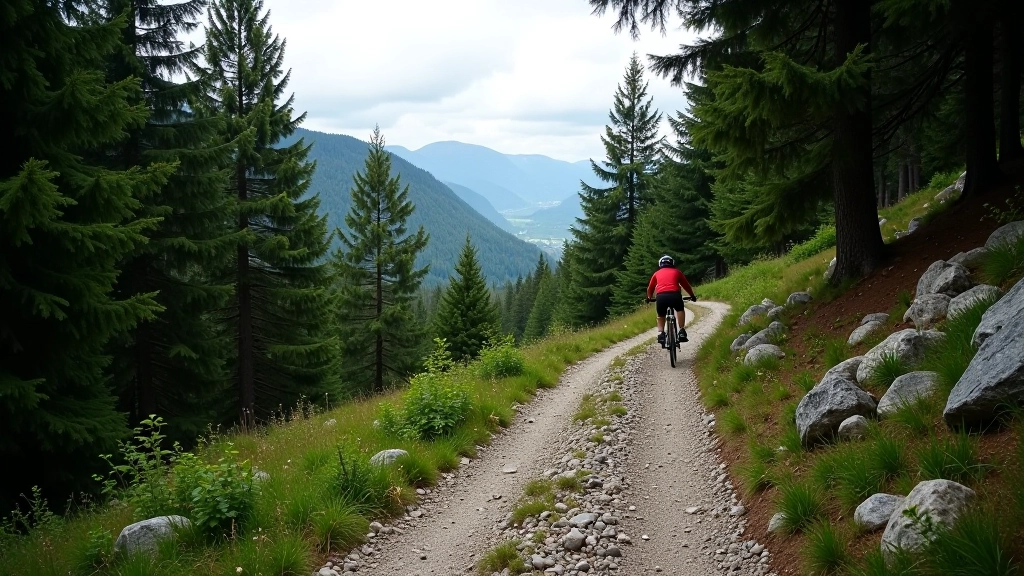 Mountain forest trail descending through dense pine trees, rocky path, overcast sky, scenic valley visible in distance