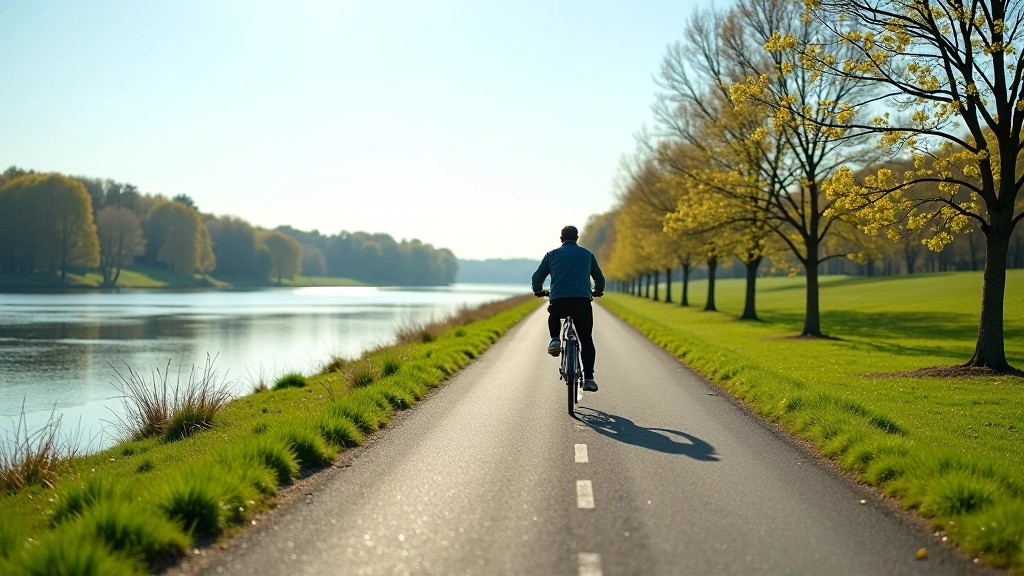 Paved cycling path winding through open landscape alongside river, flat terrain with trees in distance, clear daylight, rural Czech scenery