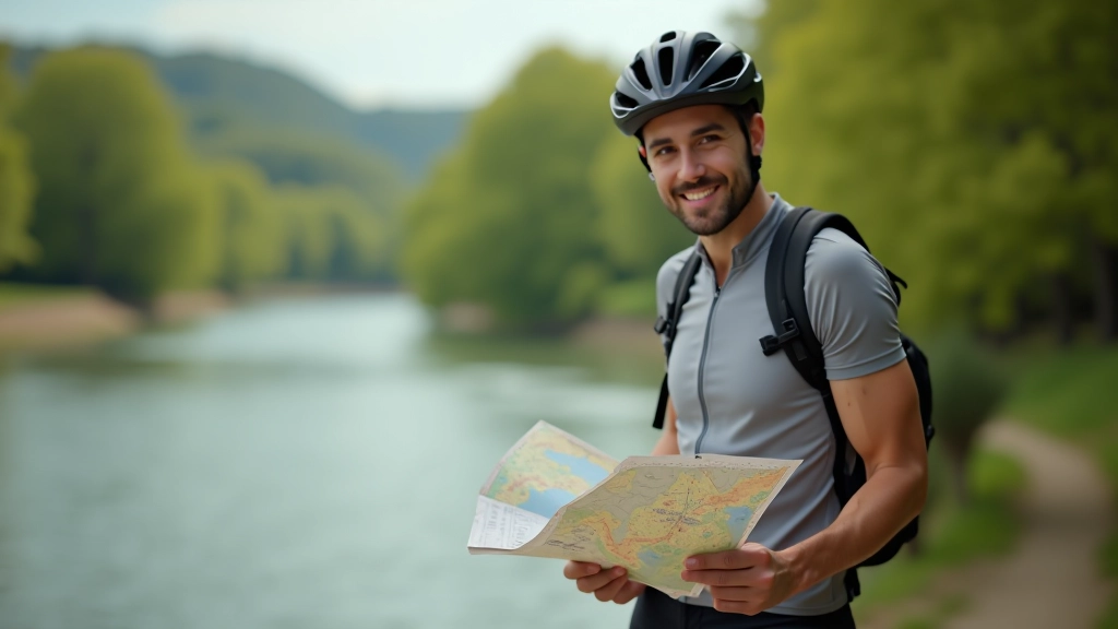 Person with bicycle helmet and gear standing on riverside overlook, holding folded cycling route map