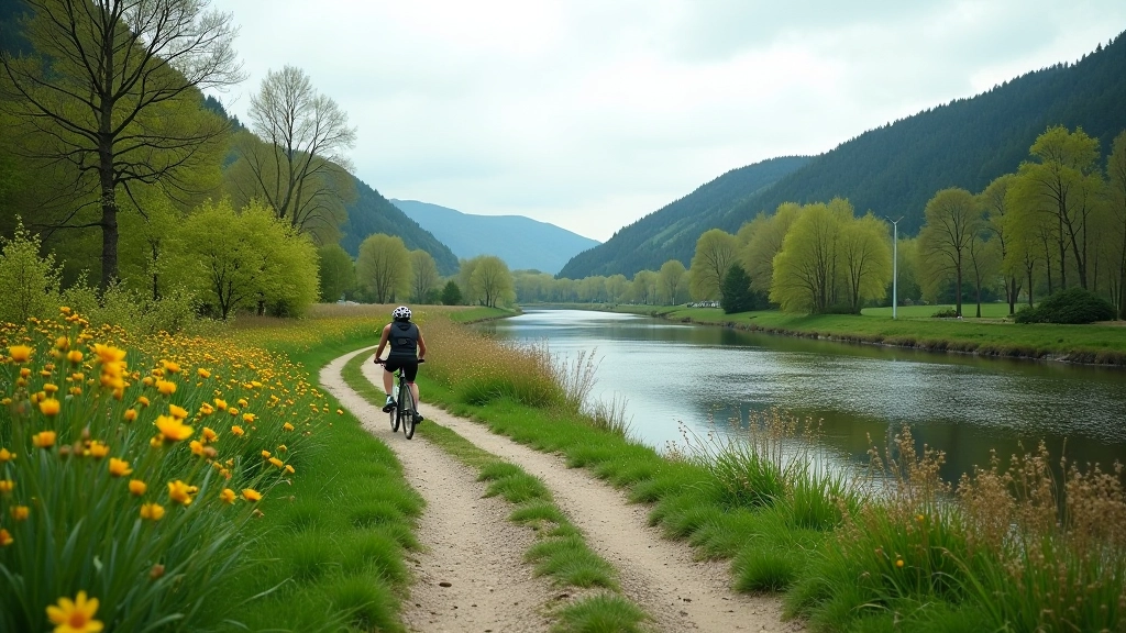 Scenic river valley with cycling path alongside calm water, forested hills on both sides, spring flowers blooming along path