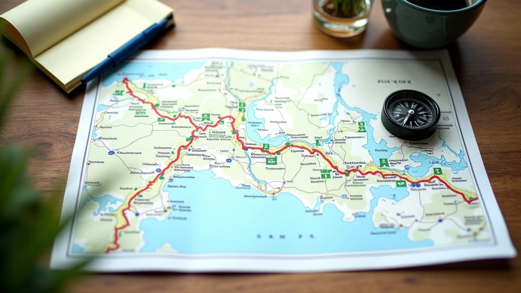 Map or planning document spread on wooden table with cycling route highlighted, compass and notebook nearby