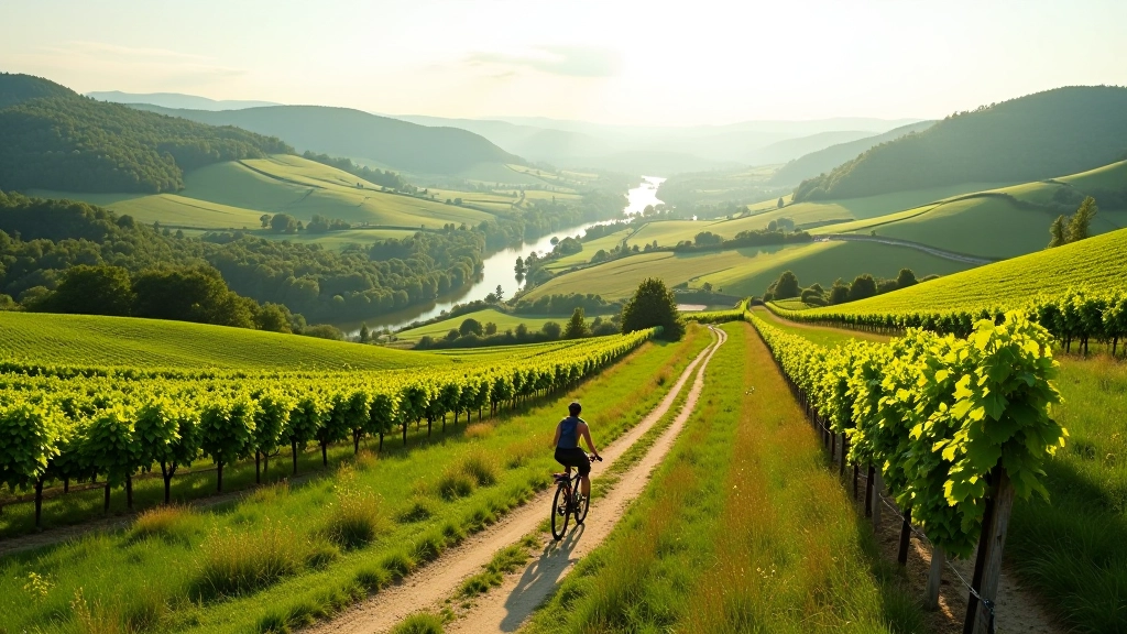 Rolling vineyard landscape with cycling path cutting through, hills in background, Morava river valley scenery, afternoon light